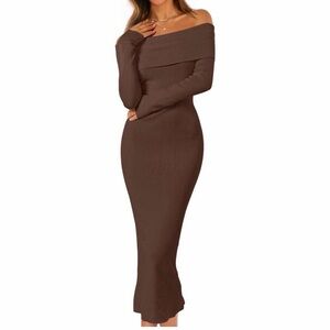 Merokeety Off-Shoulder Long Sleeve Dress in Brown